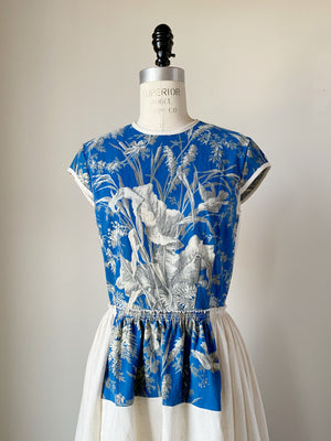 19th century blue toile patched lillian dress