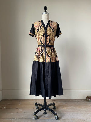 19th century medallion print patched tiered dress s,m,l