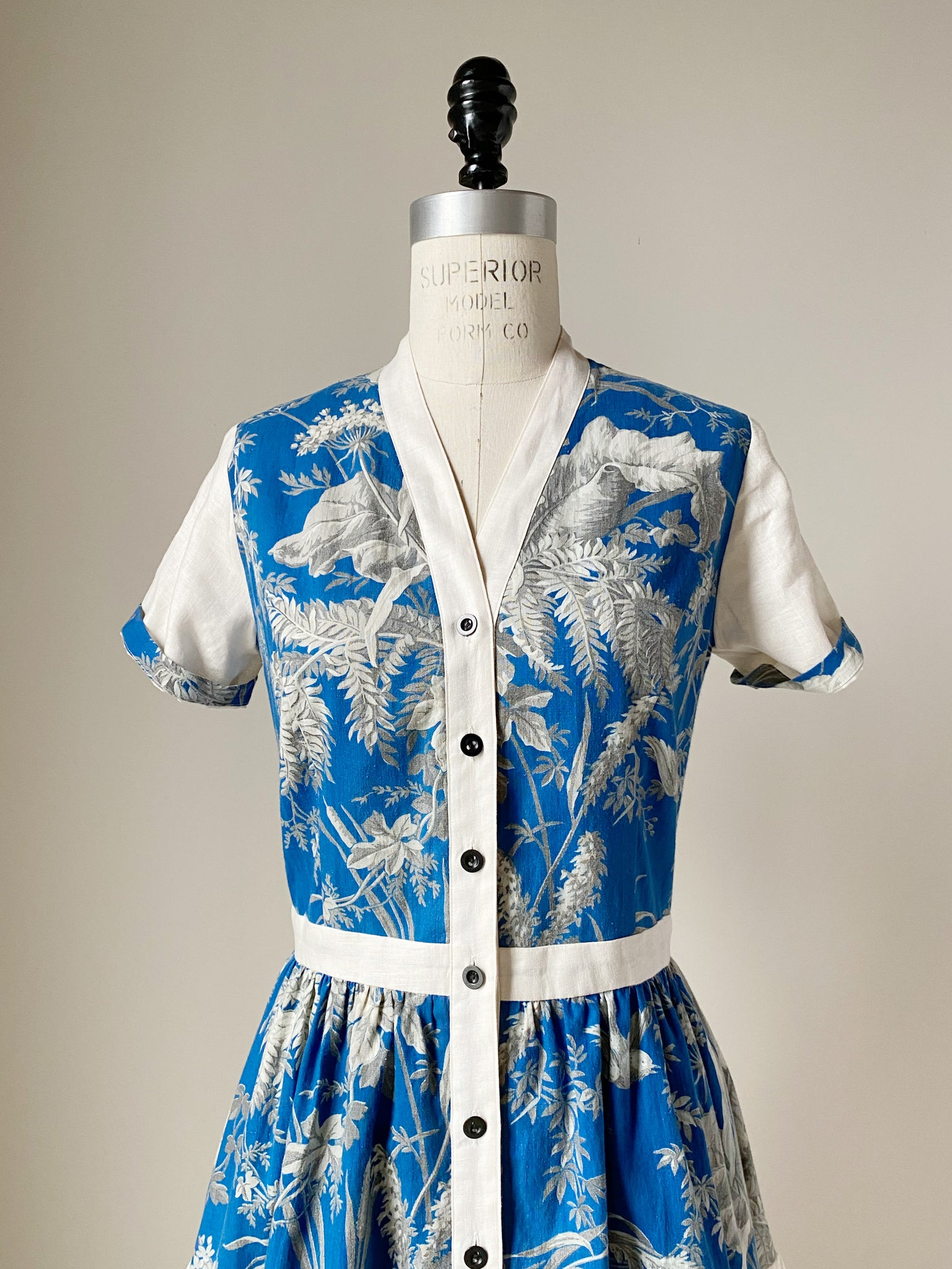 19th century blue toile patched tiered dress xs,s,m,l