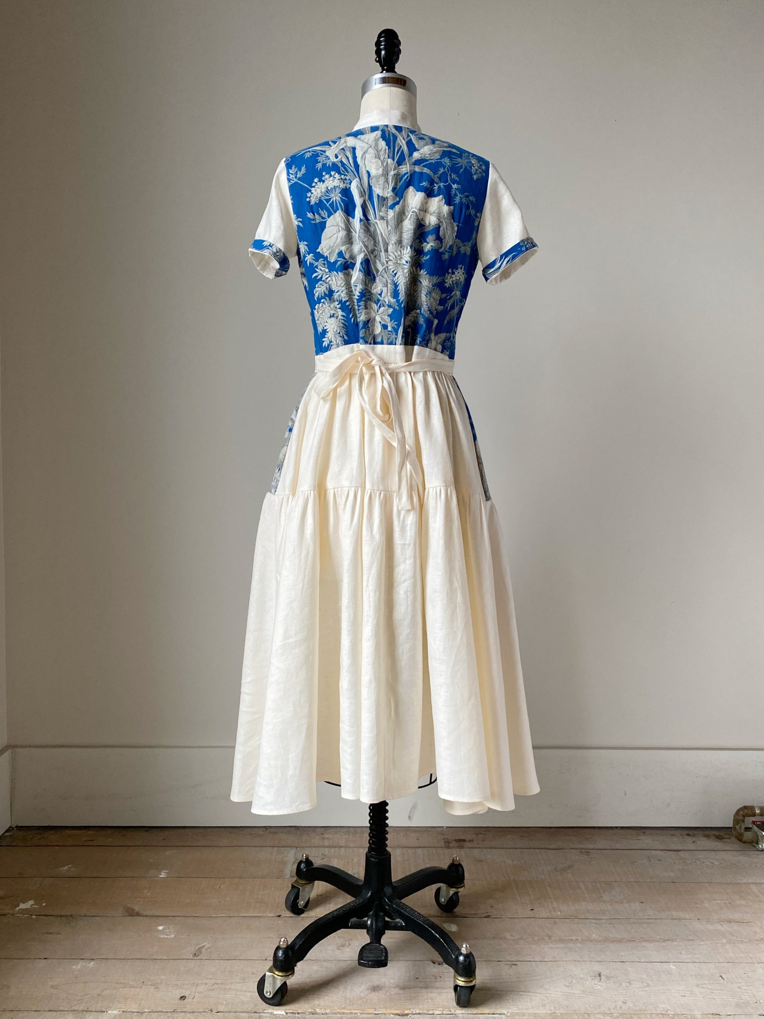19th century blue toile patched tiered dress xs,s,m,l