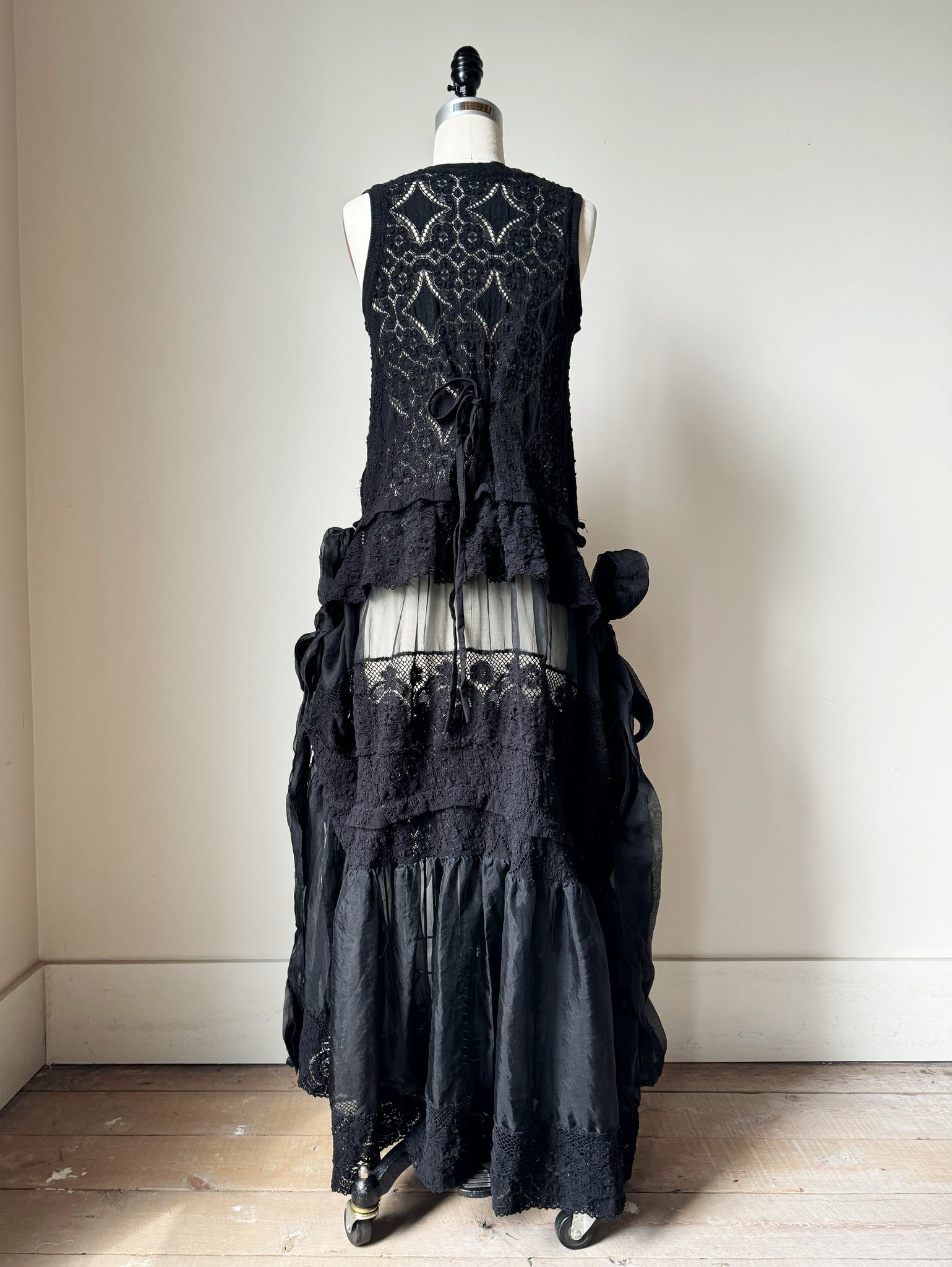 black cotton lace and silk organza apron gown