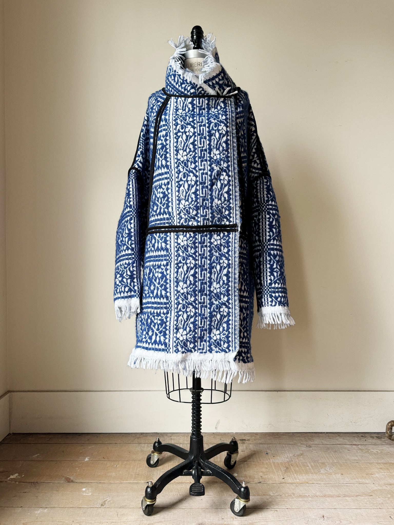 blue and white dutch floral coverlet cocoon coat and jacket combo