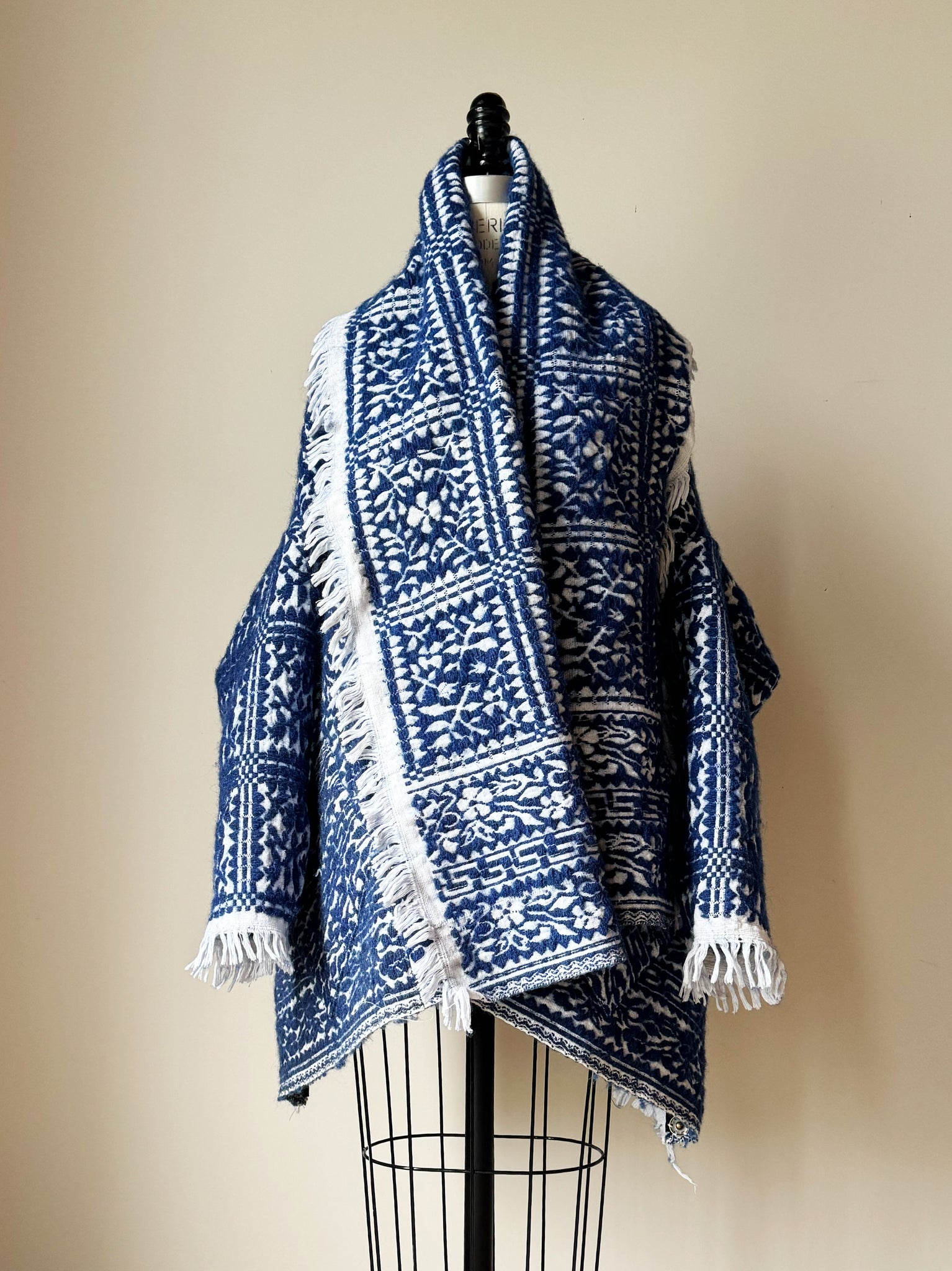 blue and white dutch floral coverlet cocoon coat and jacket combo