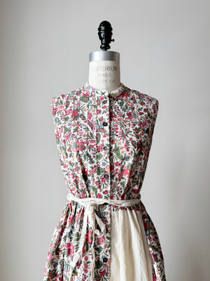 pleated and patched bodice work dress with antique cotton floral