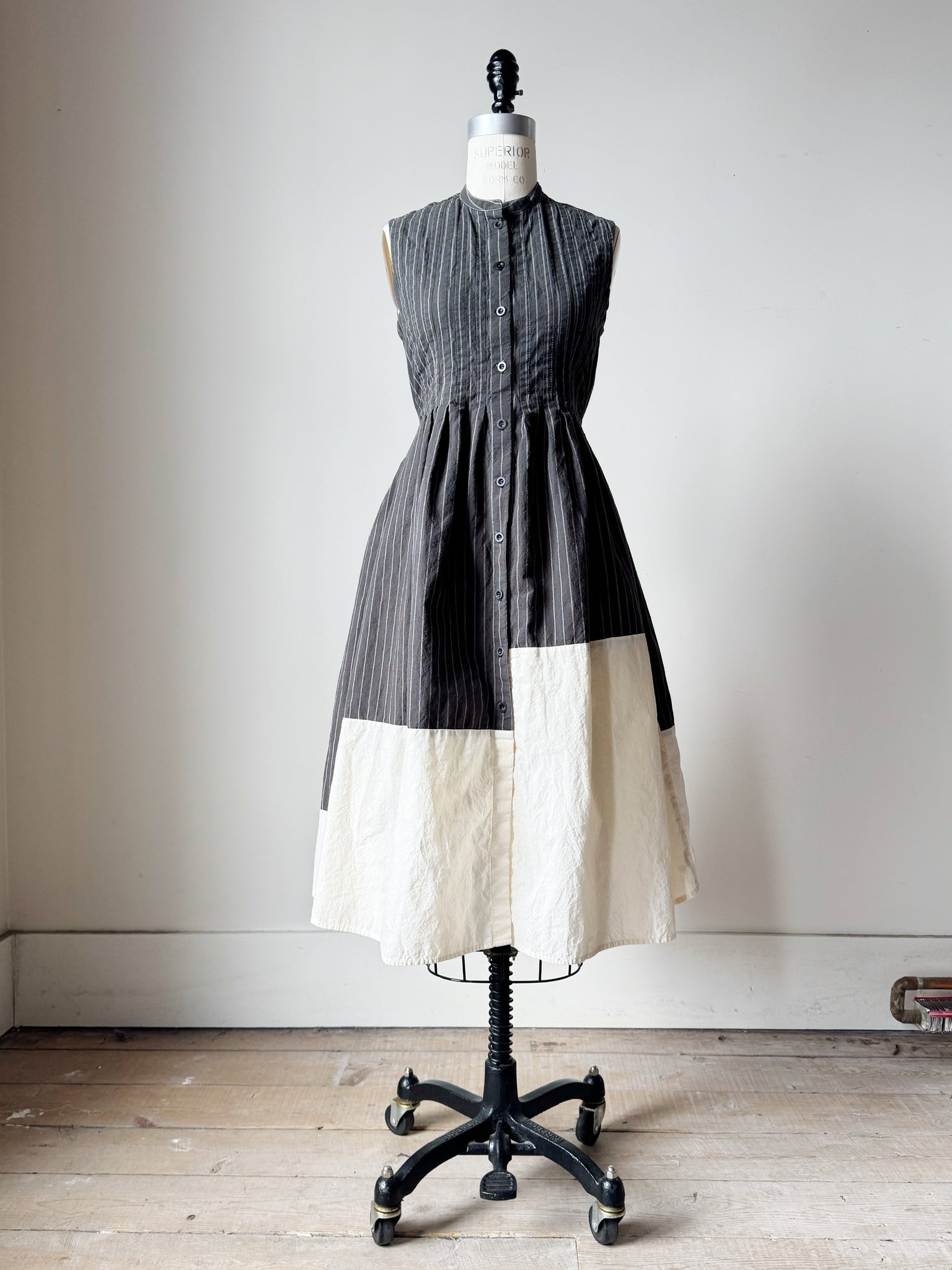 pleated and patched bodice work dress with pin striped cotton