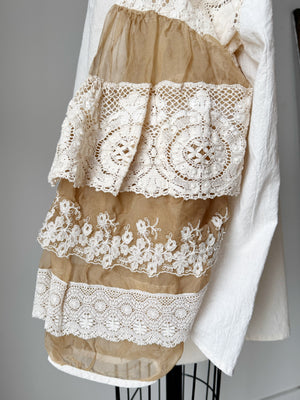 tea stained patched muslin and lace sleeve top