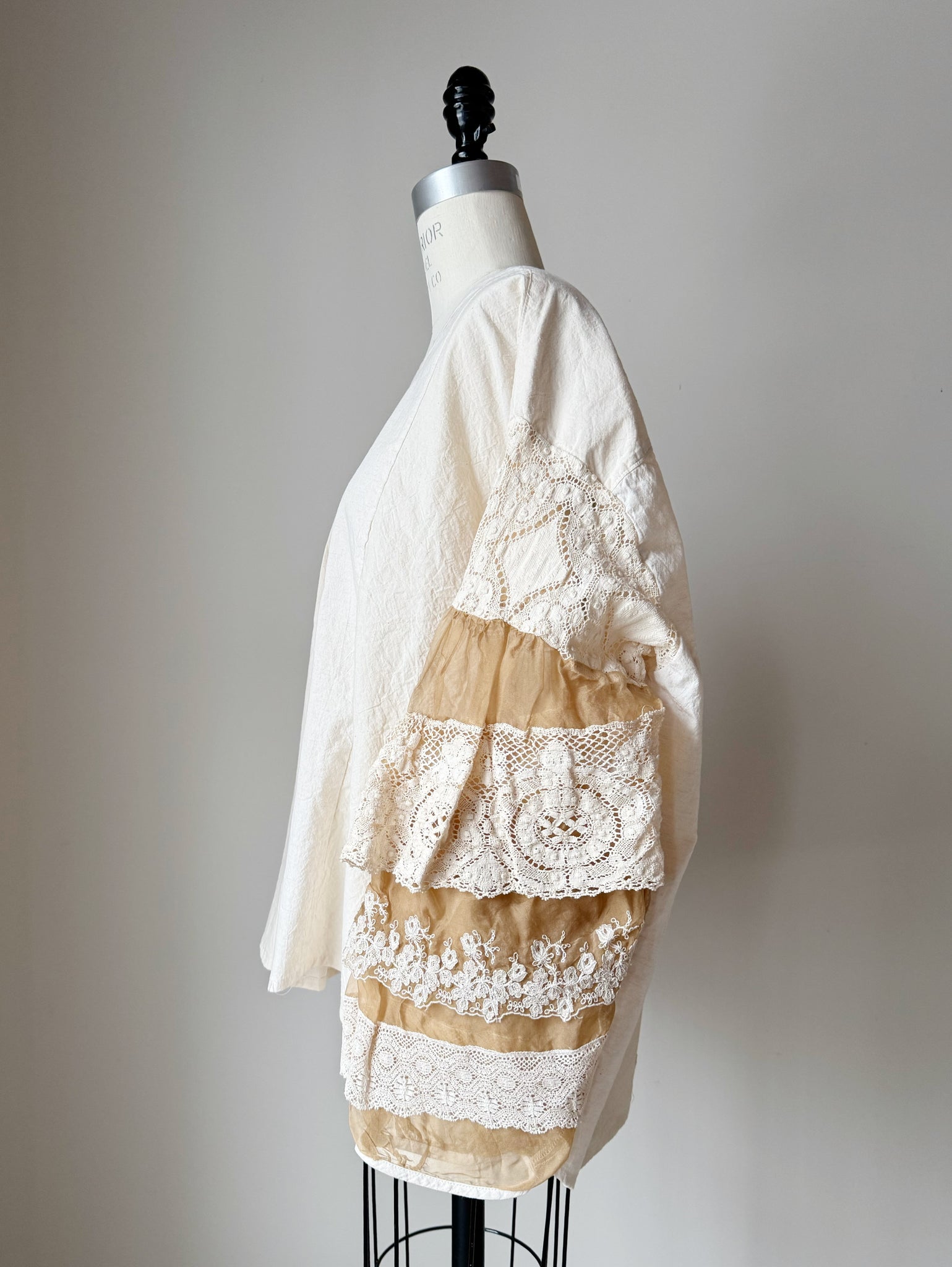 tea stained patched muslin and lace sleeve top