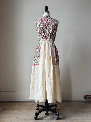 pleated and patched bodice work dress with antique cotton floral