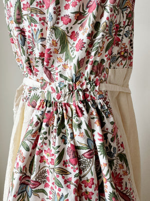 pleated and patched bodice work dress with antique cotton floral