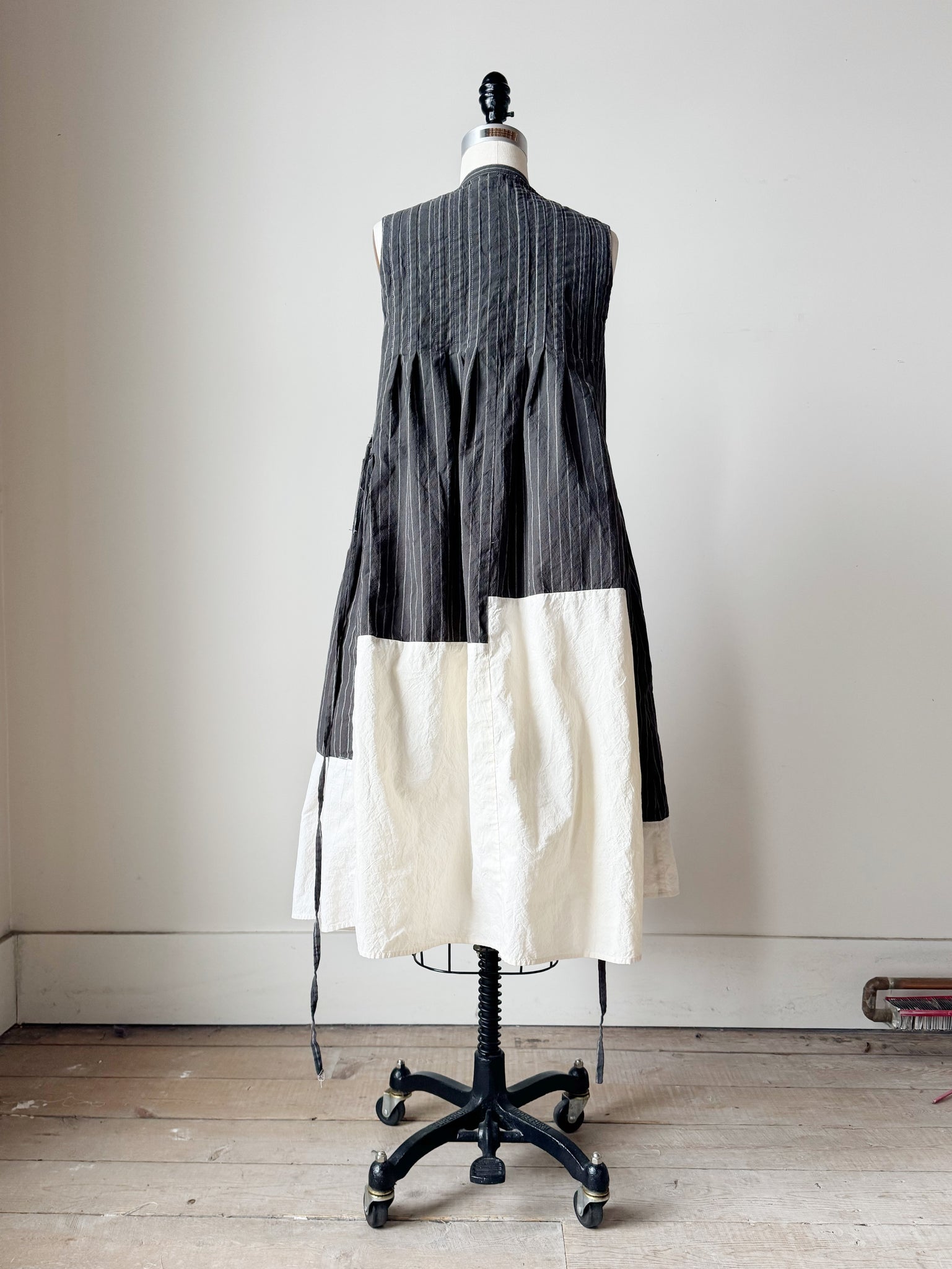 pleated and patched bodice work dress with pin striped cotton