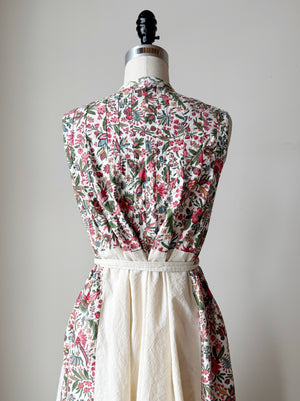 pleated and patched bodice work dress with antique cotton floral