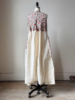 pleated and patched bodice work dress with antique cotton floral