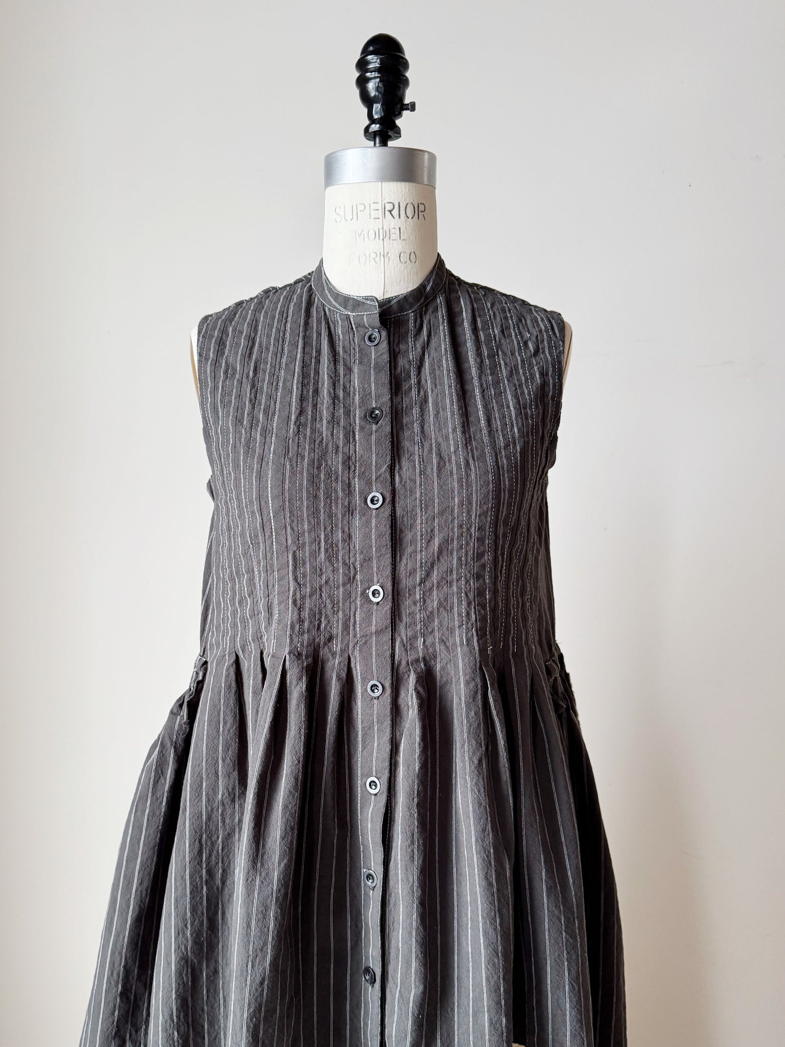 pleated and patched bodice work dress with pin striped cotton