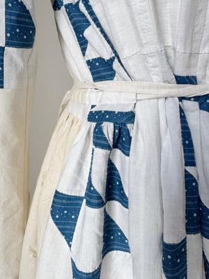 pleated and patched bodice work dress with antique quilt