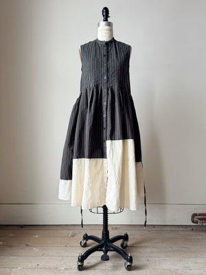 pleated and patched bodice work dress with pin striped cotton