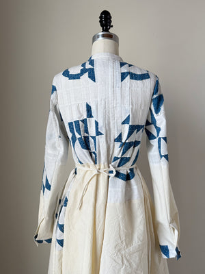 pleated and patched bodice work dress with antique quilt