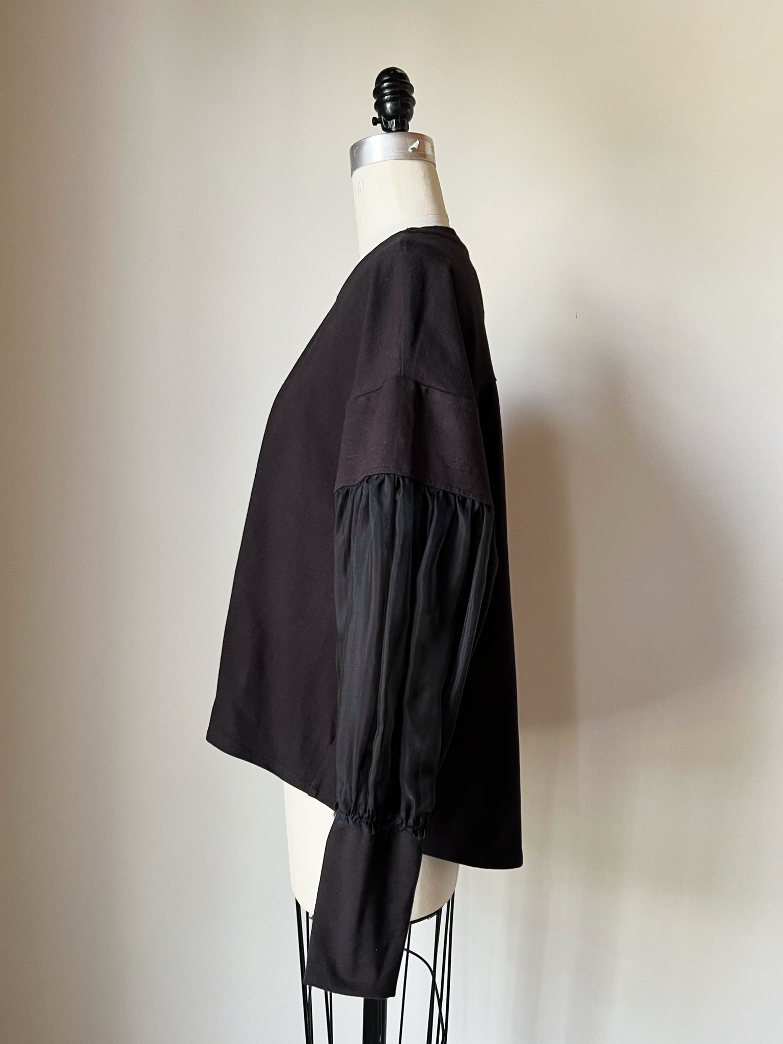 organic black cotton jersey and silk organza sleeve top