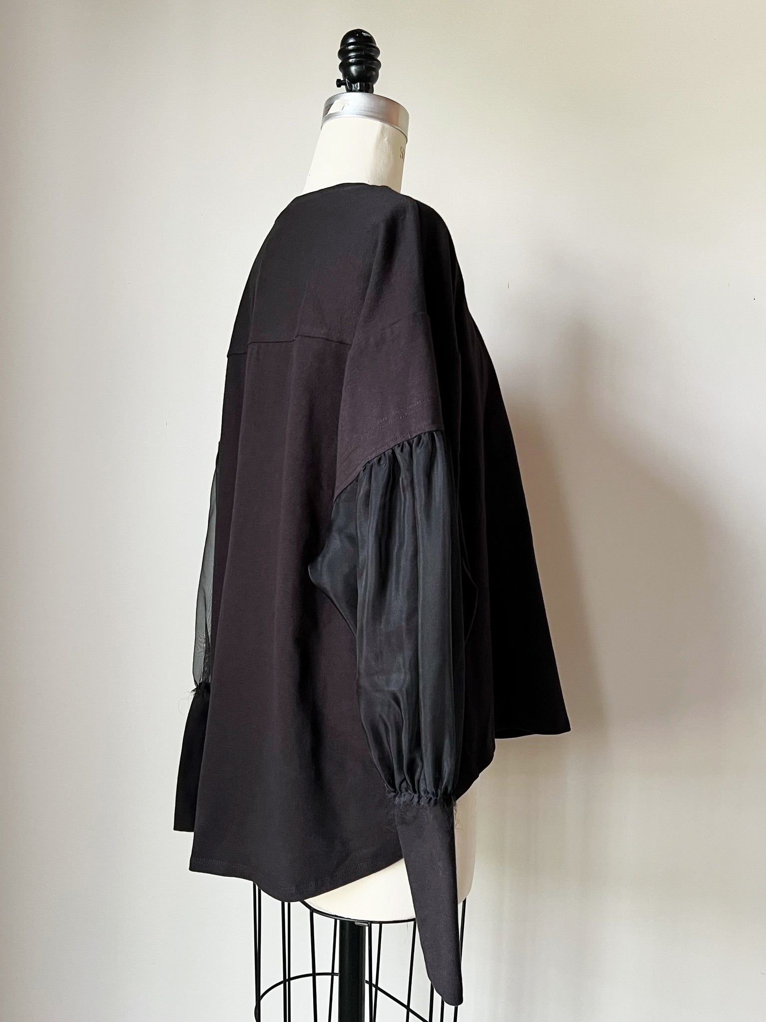 organic black cotton jersey and silk organza sleeve top