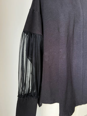 organic black cotton jersey and silk organza sleeve top