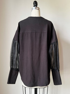 organic black cotton jersey and silk organza sleeve top