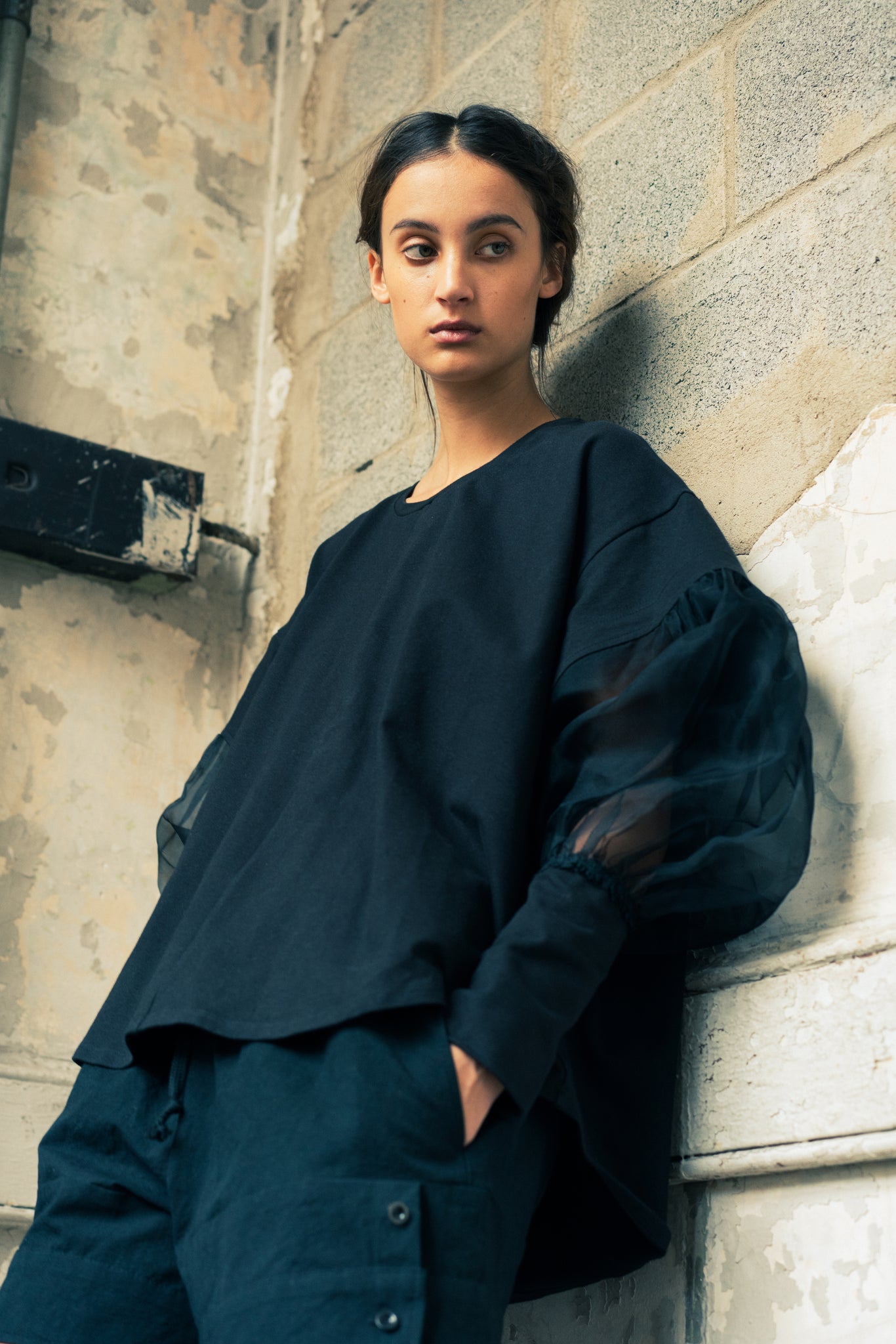 organic black cotton jersey and silk organza sleeve top