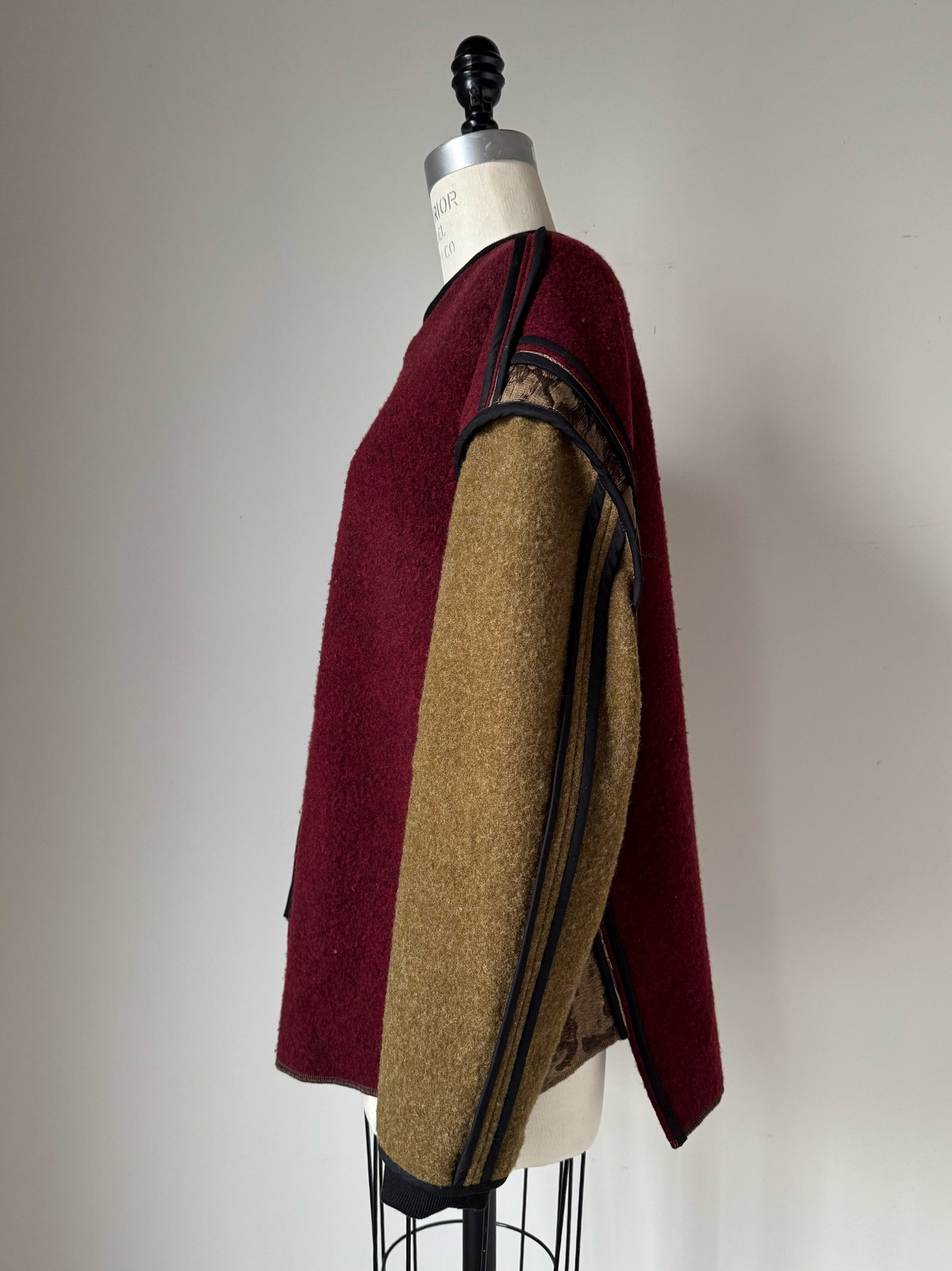 patched vintage army blanket and archival jacquard sweatshirt