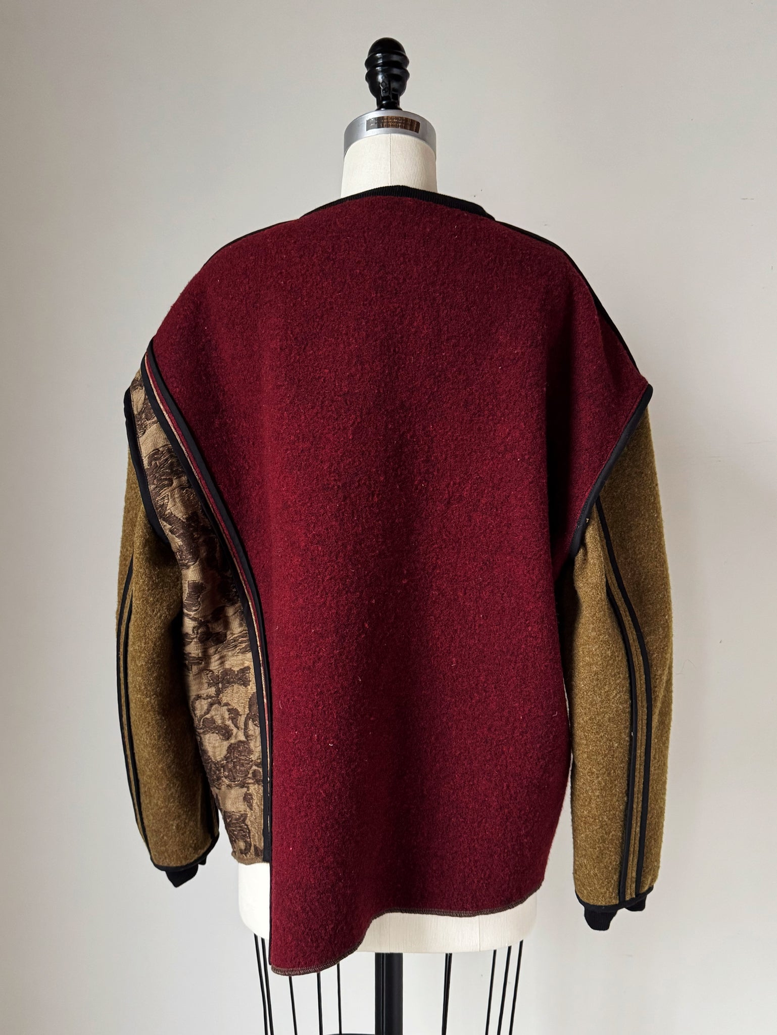 patched vintage army blanket and archival jacquard sweatshirt