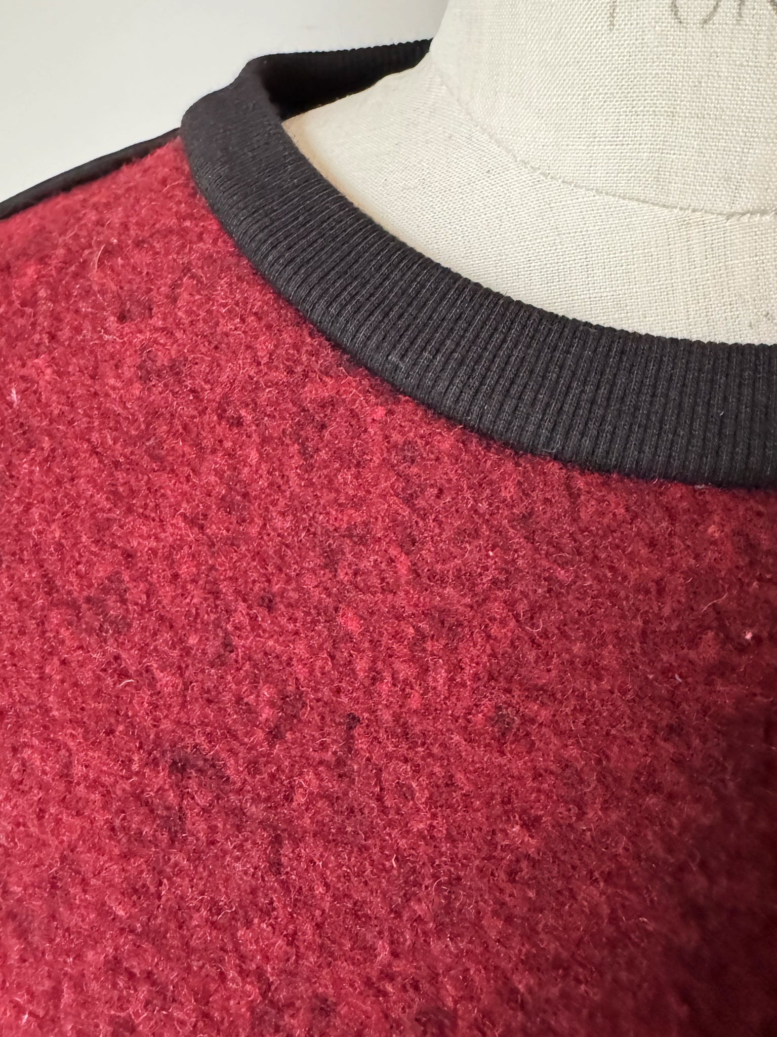 patched vintage army blanket and archival jacquard sweatshirt