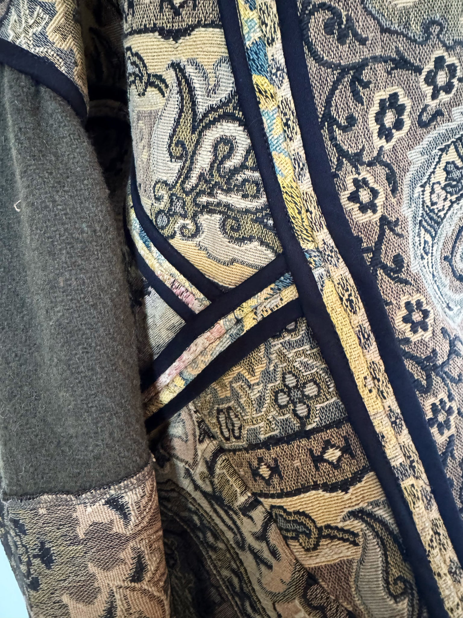 1880's french jacquard with vintage army blanket and tapestry #1