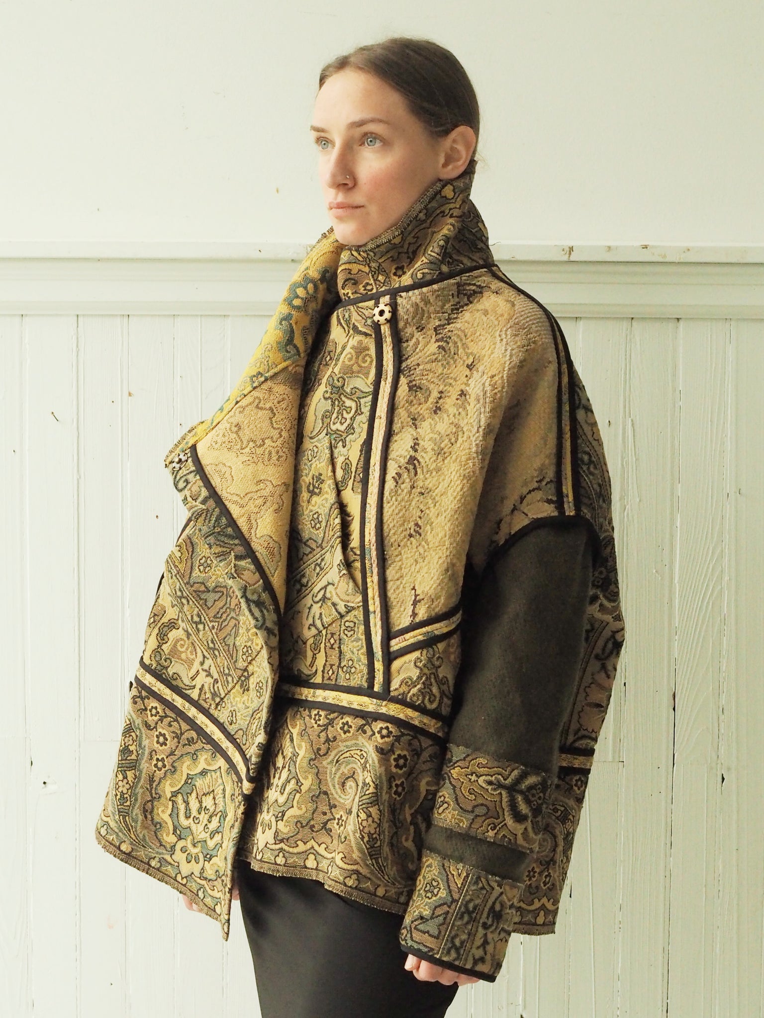 1880's french jacquard with vintage army blanket and tapestry #1