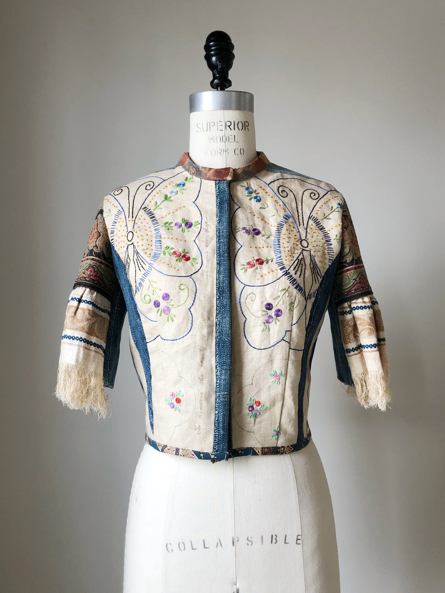 patched butterfly embroidery and African indigo cloth shirt jacket