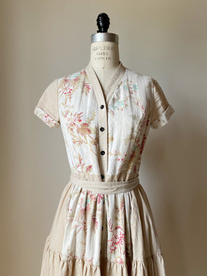 pale antique floral tiered dress with linen