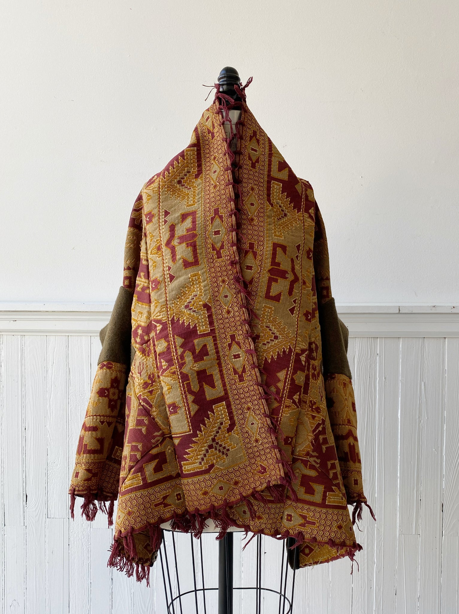 victorian jacquard and army blanket cocoon
