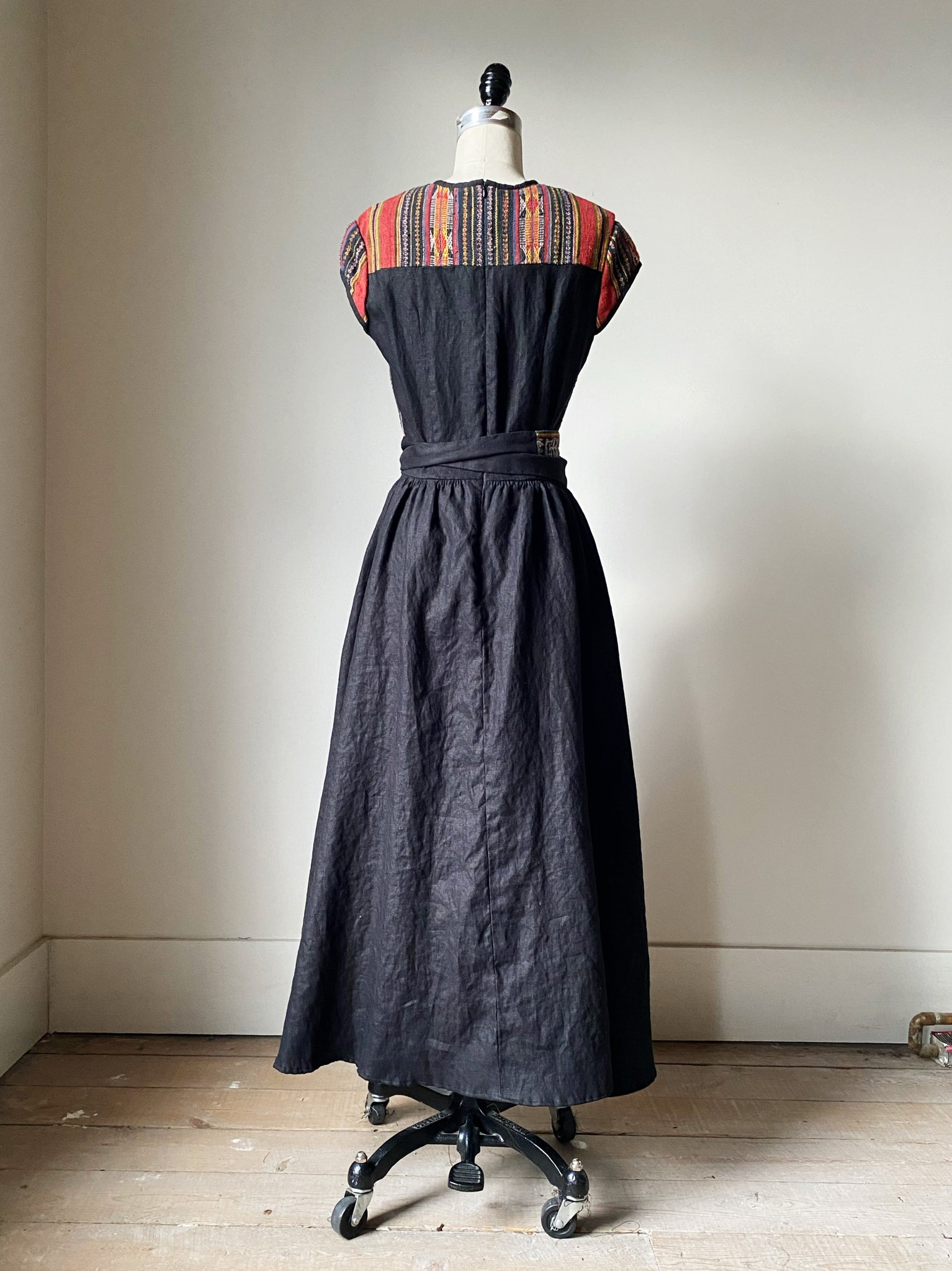 lillian dress in patched handwoven textile from thailand with black linen
