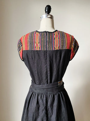 lillian dress in patched handwoven textile from thailand with black linen