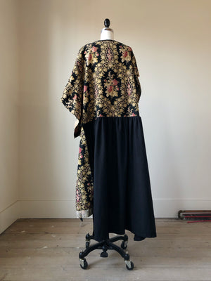 19th century french floral twill and black flannel ruffle dress