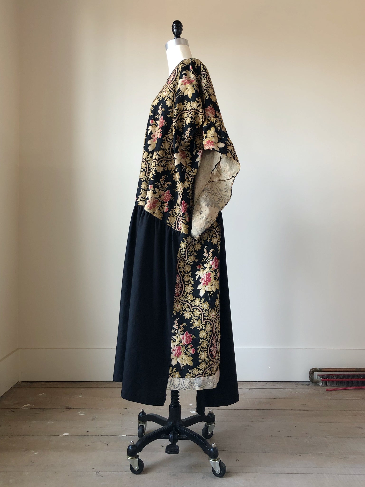 19th century french floral twill and black flannel ruffle dress