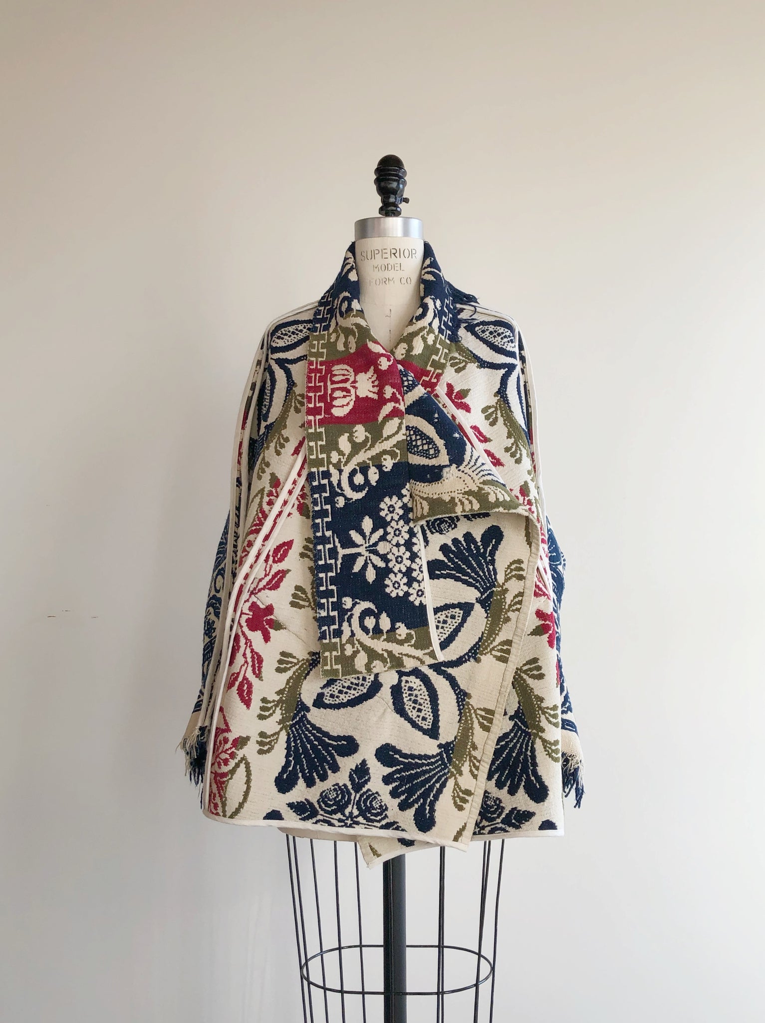 red, blue and olive graphic antique coverlet cocoon coat