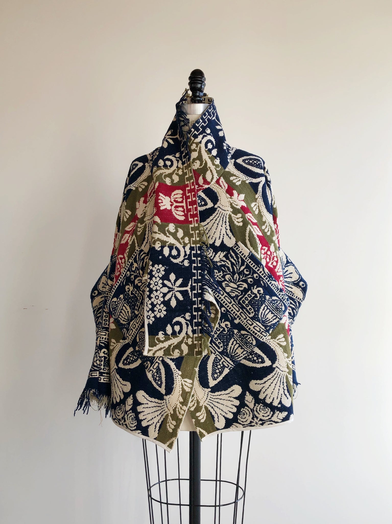 red, blue and olive graphic antique coverlet cocoon coat