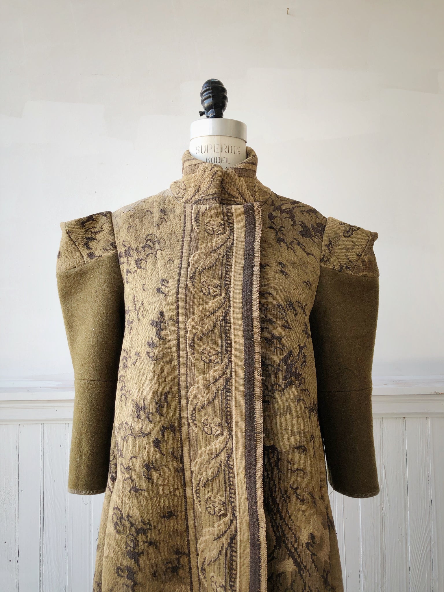 spire sleeve foliage tapestry and army blanket coat