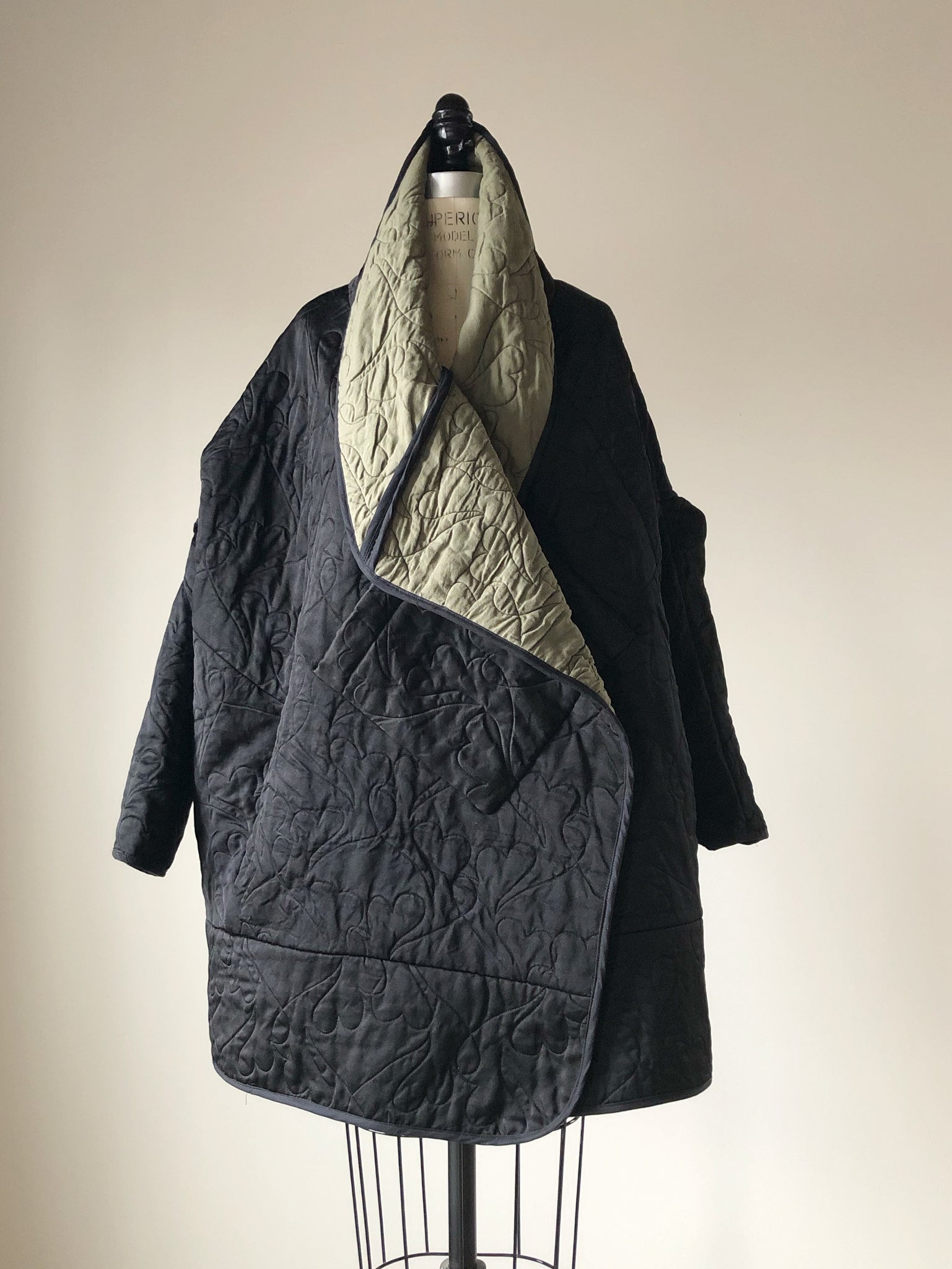 quilted black double face silk satin and cashmere cocoon