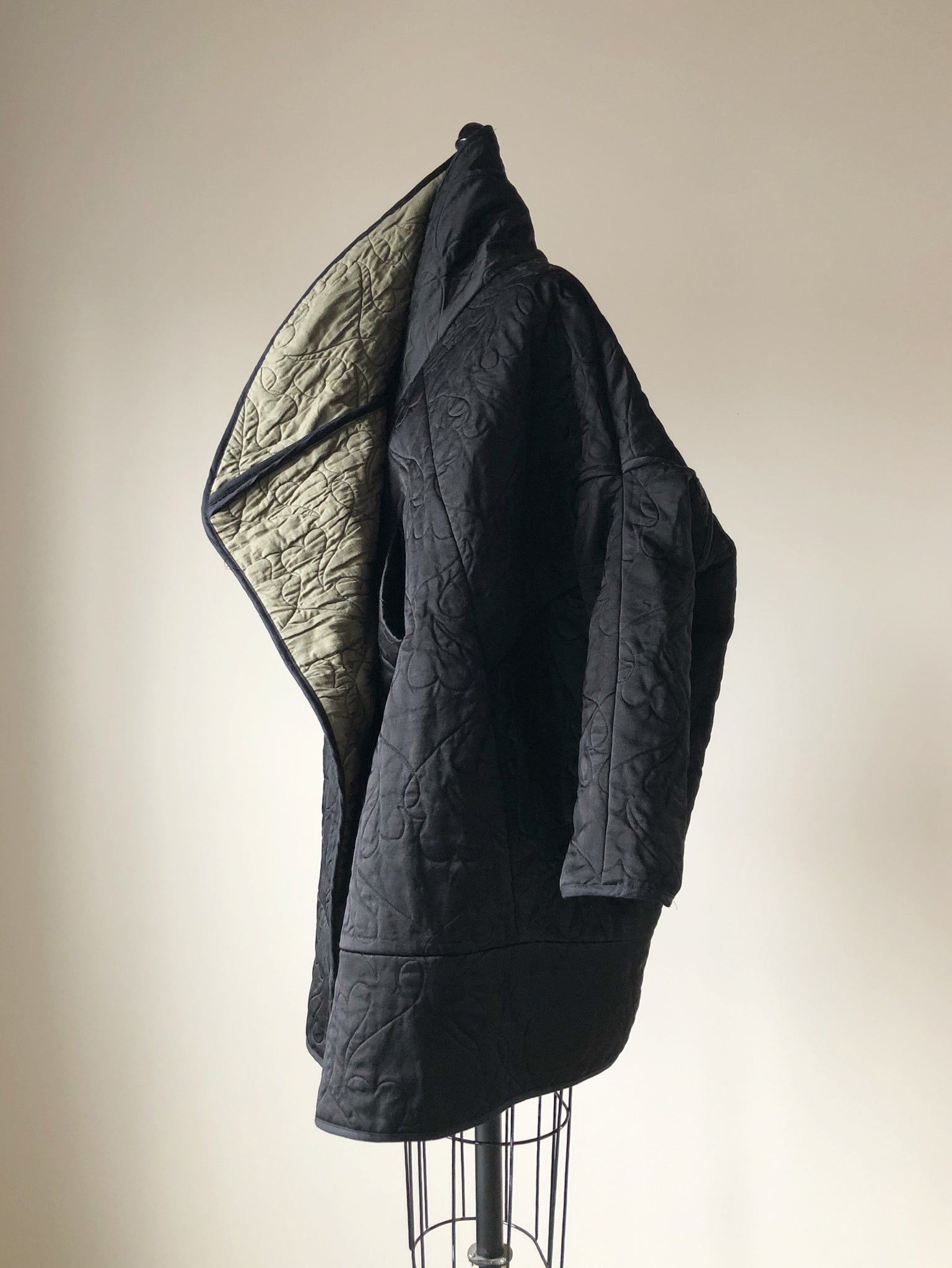 quilted black double face silk satin and cashmere cocoon