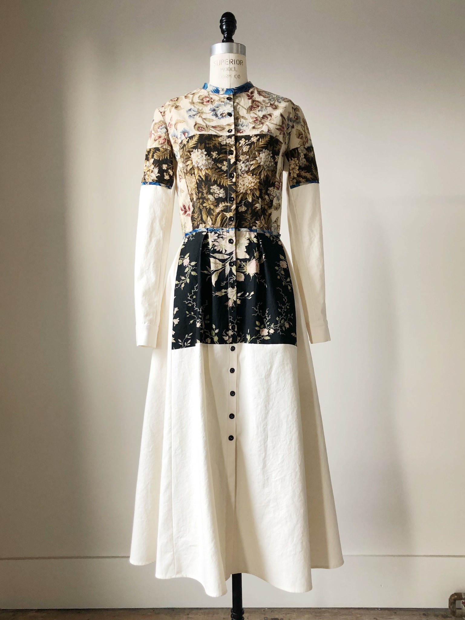 19th century indienne and floral patched shirt dress size 6