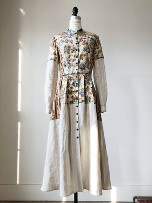 19th century indienne floral and striped linen patched shirt dress size 4