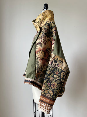 antique jacquard and army cocoon with handwoven trim