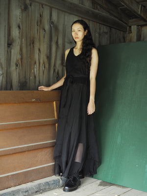 black tank slip dress with organza pin tucked skirt