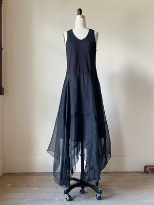 black tank slip dress with organza pin tucked skirt