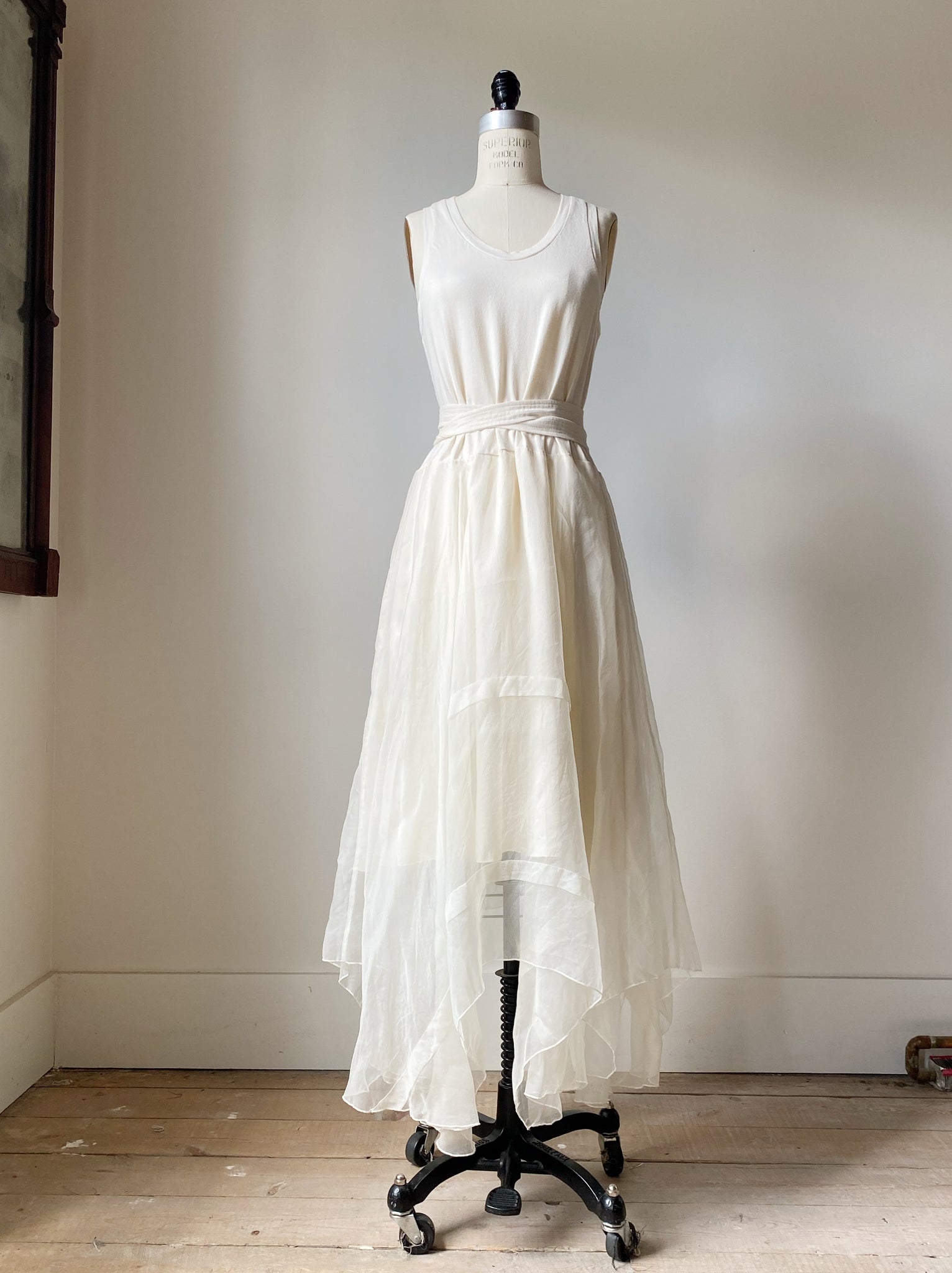 off white tank slip dress with organza pin tucked skirt